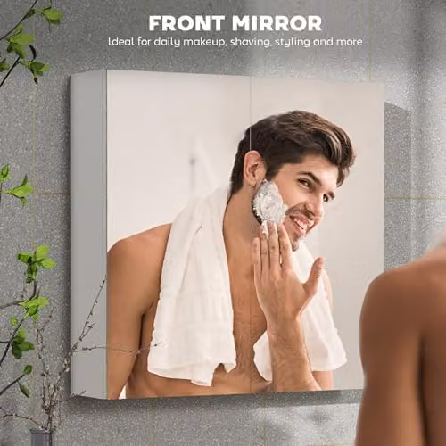 HOMCOM White Wall Mounted Bathroom Mirror Cabinet with Hinged Doors and Internal Shelves, W: 60 cm, H: 60 cm, D: 15 cm – 4