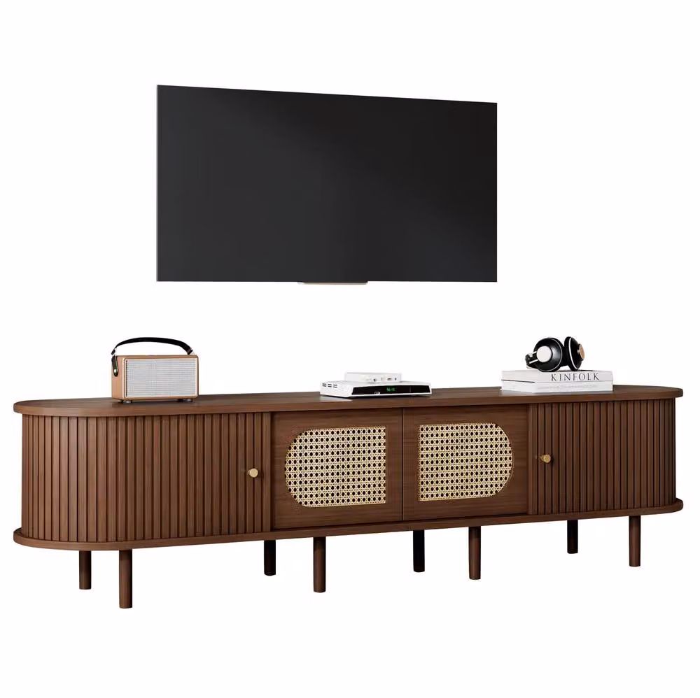 STILVORA Brown TV Stand with 2 Doors and 2 Sliding Rattan Doors, W: 180 cm, D: 40 cm, H: 40 cm – 4