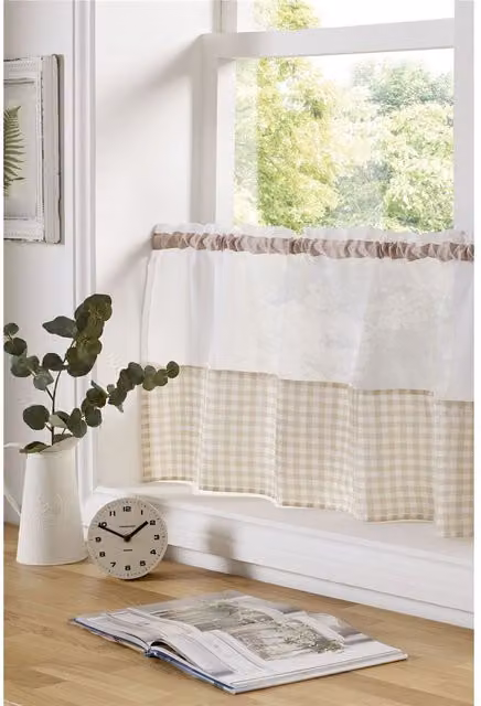 Alan Symonds Gingham Checked Kitchen Voile Panel in Beige and White, Width: 61 cm
