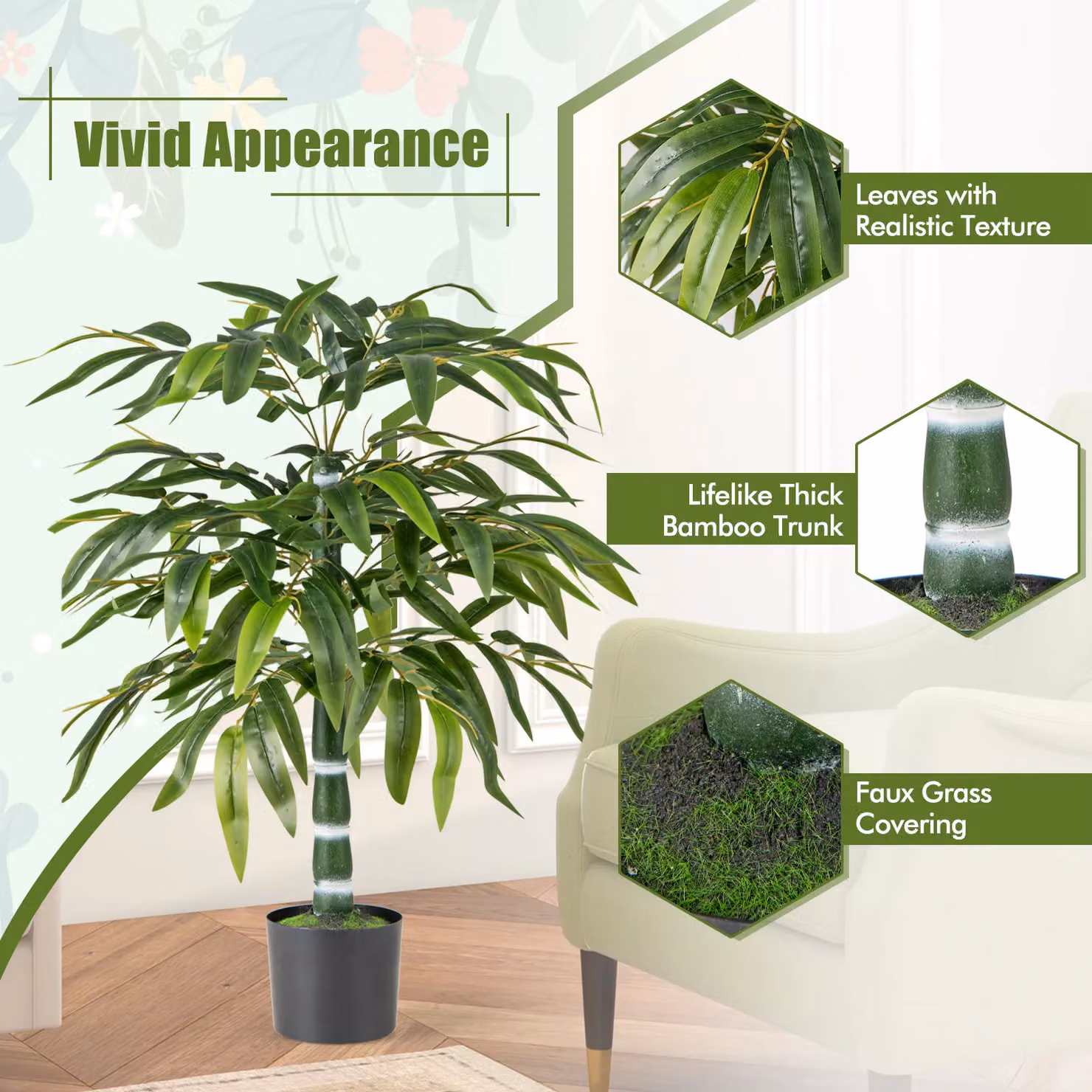 Gymax Set of 2 Artificial Bamboo Trees in Dark Green with Pots, Height: 100 cm – 6