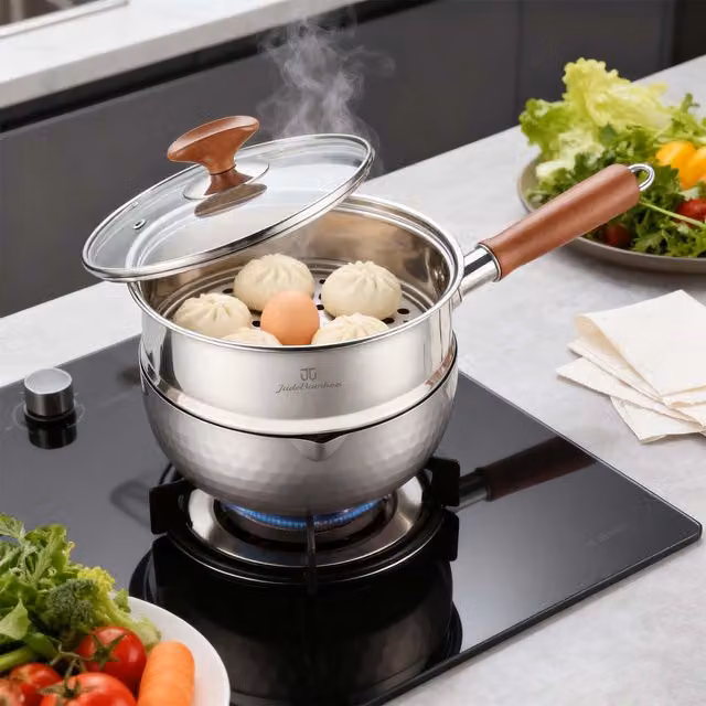 HomeKing 18cm Stainless Steel Uncoated Saucepan and Steamer Set, Silver