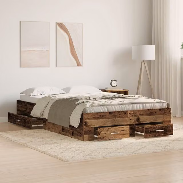 Berkfield Home Bed Frame with Drawers in Brown Old Wood, W/D/H: 120 x 200 cm – 1