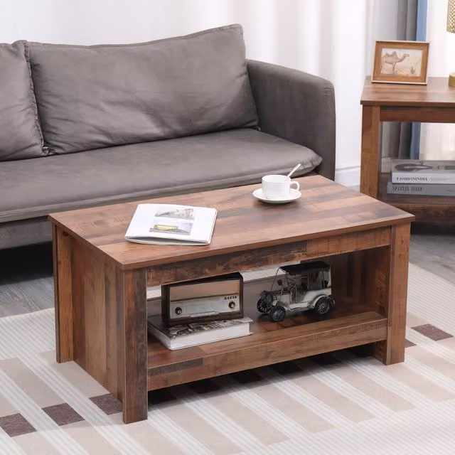 HMD Simple Rectangular Coffee Table with Bottom Storage Shelf in Brown and Multicolour