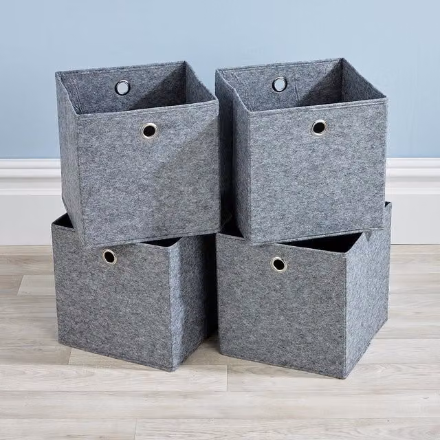 Home Source 4 Piece Set of Folding Square Fabric Storage Utility Box Drawers in Grey