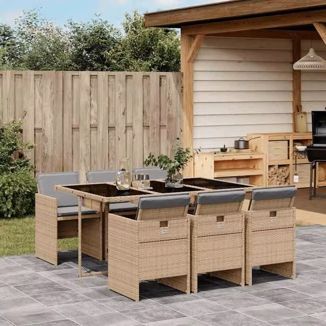 Berkfield Home 7 Piece Poly Rattan Garden Dining Set with Cushions and Glass Top in Beige
