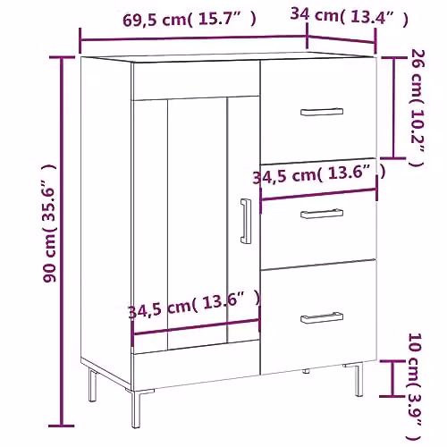 vidaXL Sideboard in Smoked Oak, Brown Engineered Wood, W: 69.5 cm, D: 34 cm, H: 90 cm – 3