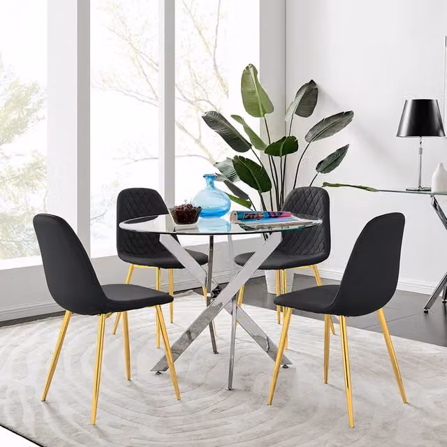 FurnitureboxUK Novara Round Glass Dining Table with 4 Corona Gold Dining Chairs in Black and Gold