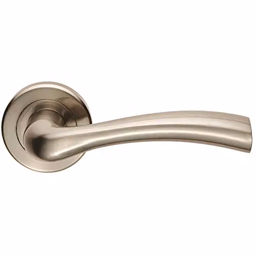Loops Pair of Curved Flared Door Handles with Concealed Fix Round Rose in Satin Nickel