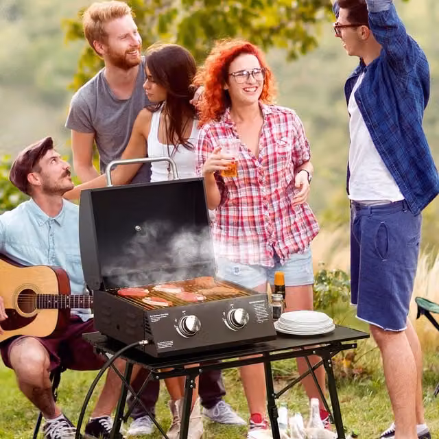Outsunny Portable Tabletop 2 Burner Gas BBQ Grill with Thermometer, 5.8 kW, Black, W/D/H: 55.0 x 41.0 x 46.5 cm