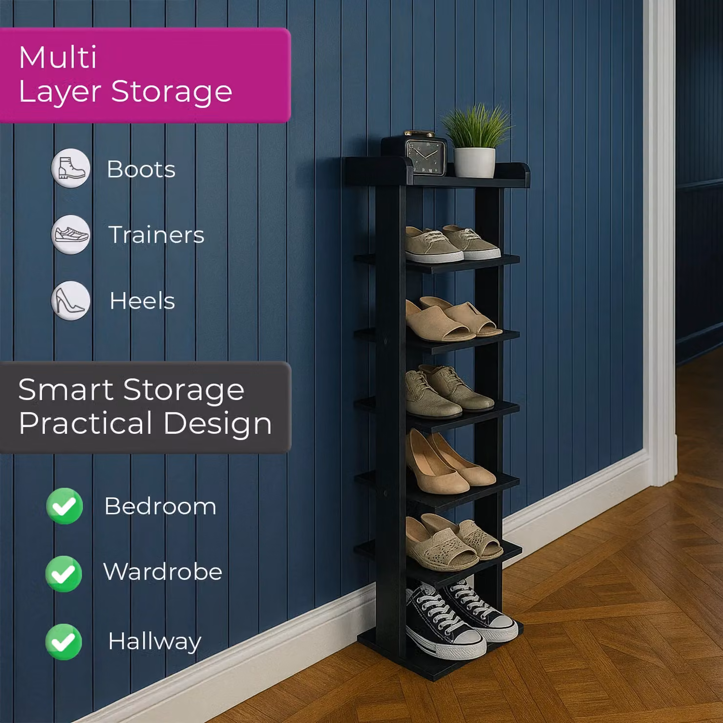 Neo 7 Tier Slim Wooden Shoe Rack Storage in Black – 2