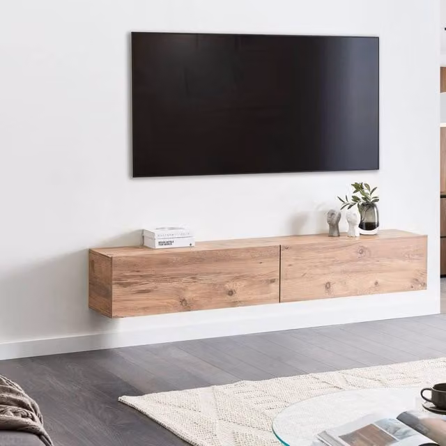 Wyld and Coco Minimalist Wall-Mounted TV Stand in Brown, suitable for up to 70 Inch TVs, with 2 Cabinets, W/D/H: 180 x 32 x 30 cm – 1
