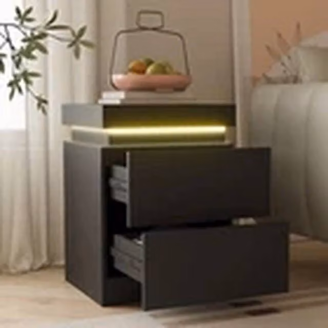 EONLION Black LED Bedside Table with 2 Drawers and Integrated Charging Station