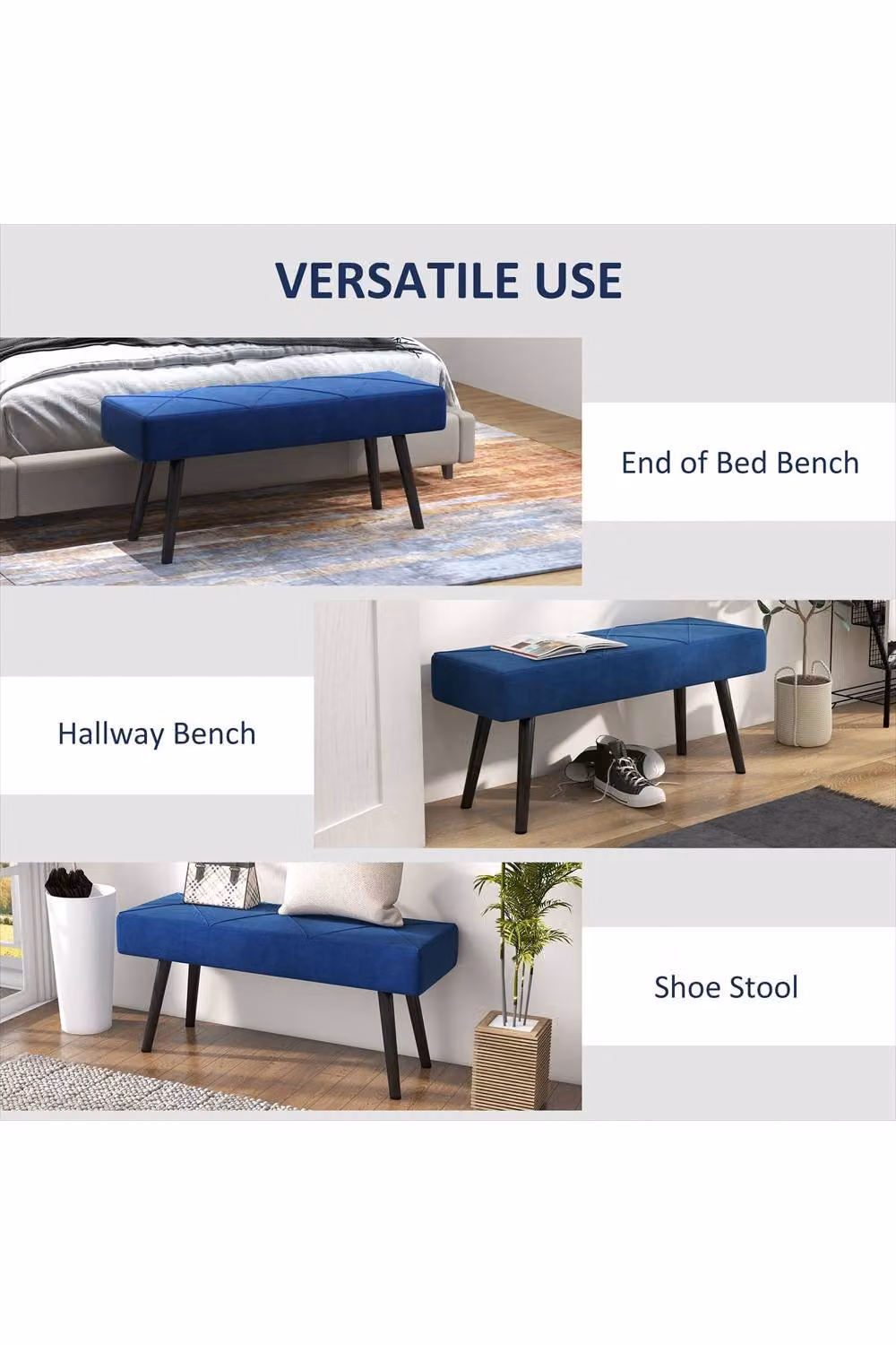 ERGOVEXA Blue Velvet End of Bed Bench with Metal Legs, W/D/H: 120 x 45 x 36 cm – 3