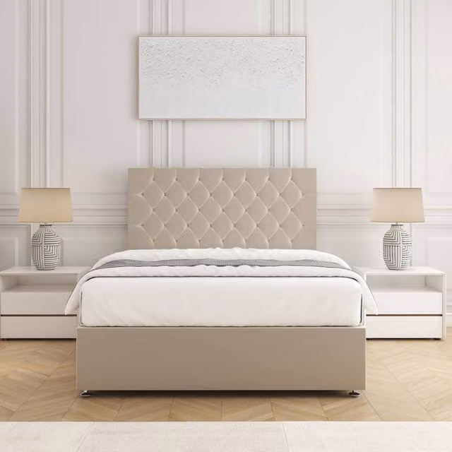 BSSPOKE Mia Plush Velvet Divan Bed Set with 24 inch Headboard and Mattress in Cream, Single, W/D/H: 90 x 200 cm