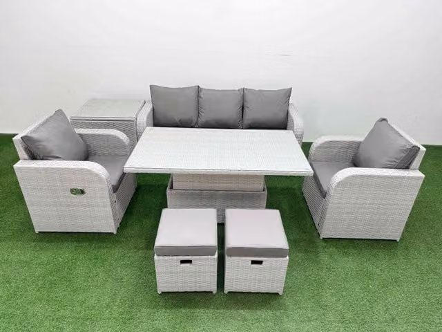 Fimous Grey PE Rattan Garden Furniture Set with 3-Seater Sofa, Reclining Armchair, Coffee Table and Matching Ottoman with Upholstered Cushions