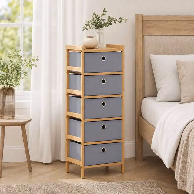 STILVORA Grey Chest of Drawers with 5 Fabric Drawers and Bamboo Frame – 1