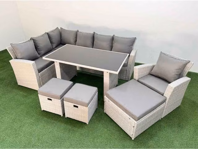 Fimous 10-Seater Rattan L-Shape Corner Sofa Set with Coffee Table and Ottoman in Light Grey