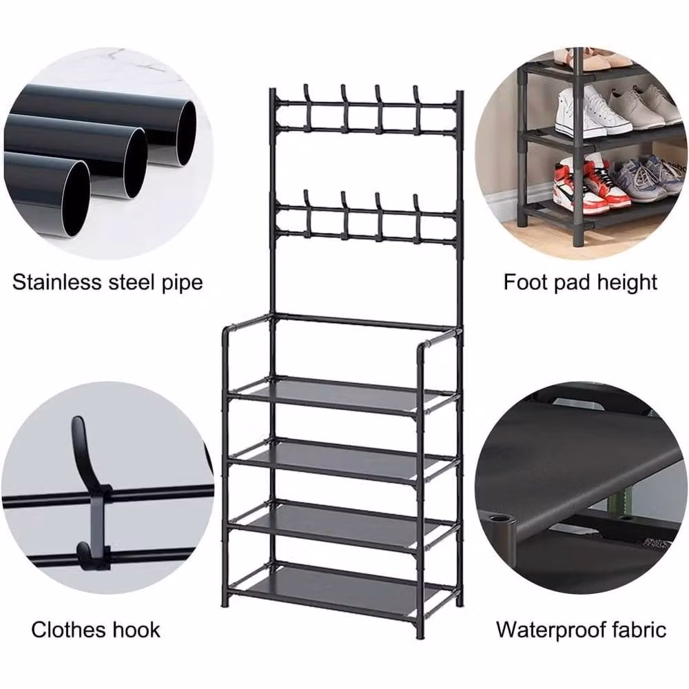 VOGREX 5-Tier Space-Saving Shoe Rack with Coat Hooks in Matt Black – 3