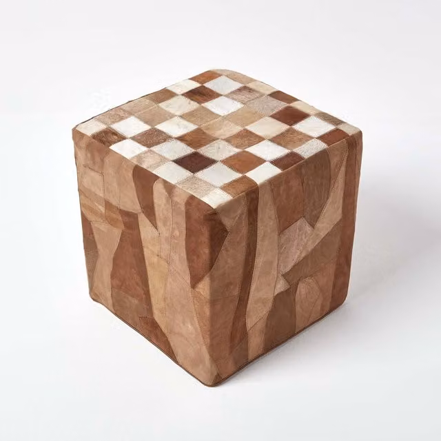 Homescapes Brown Patchwork Check Cube Pouffe in Leather and Suede