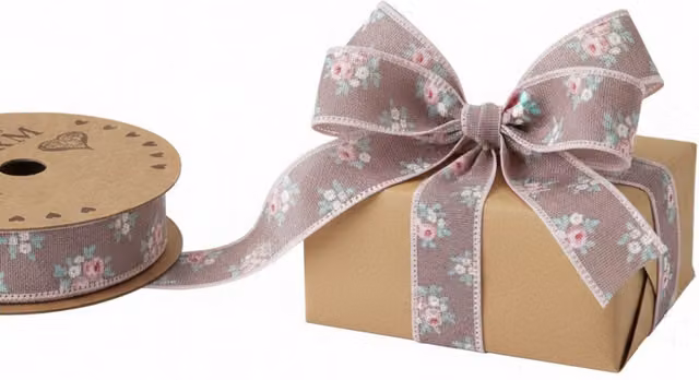 Kingsbury Gifts Vintage Elegance Linen Look Floral Ribbon, Mauve/Pink/Purple, W: 2.5 cm, L: 10 m