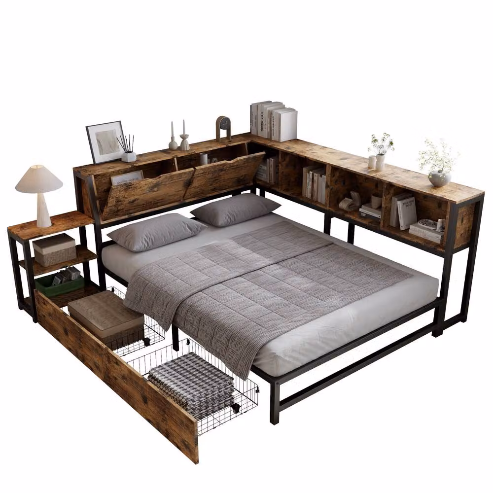 Rolipo Double Storage Bed Frame with 2 Drawers, Industrial Style, Brown and Black, W/D/H: 140 x 200 cm – 5