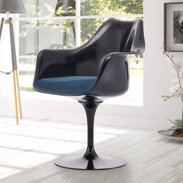 Fusion Living Modern Swivel Armchair with Armrests in Blue Velvet and Black Metal Frame