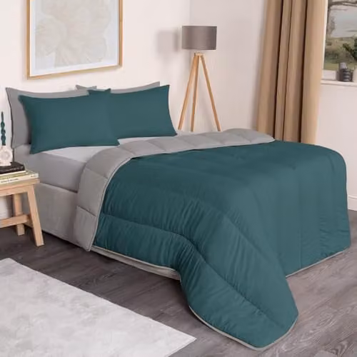 OHS 10.5 Tog Reversible Coverless Microfibre Duvet and Pillowcase Set, Petrol Green/Grey, W/D/H: 135 x 200 cm – 3