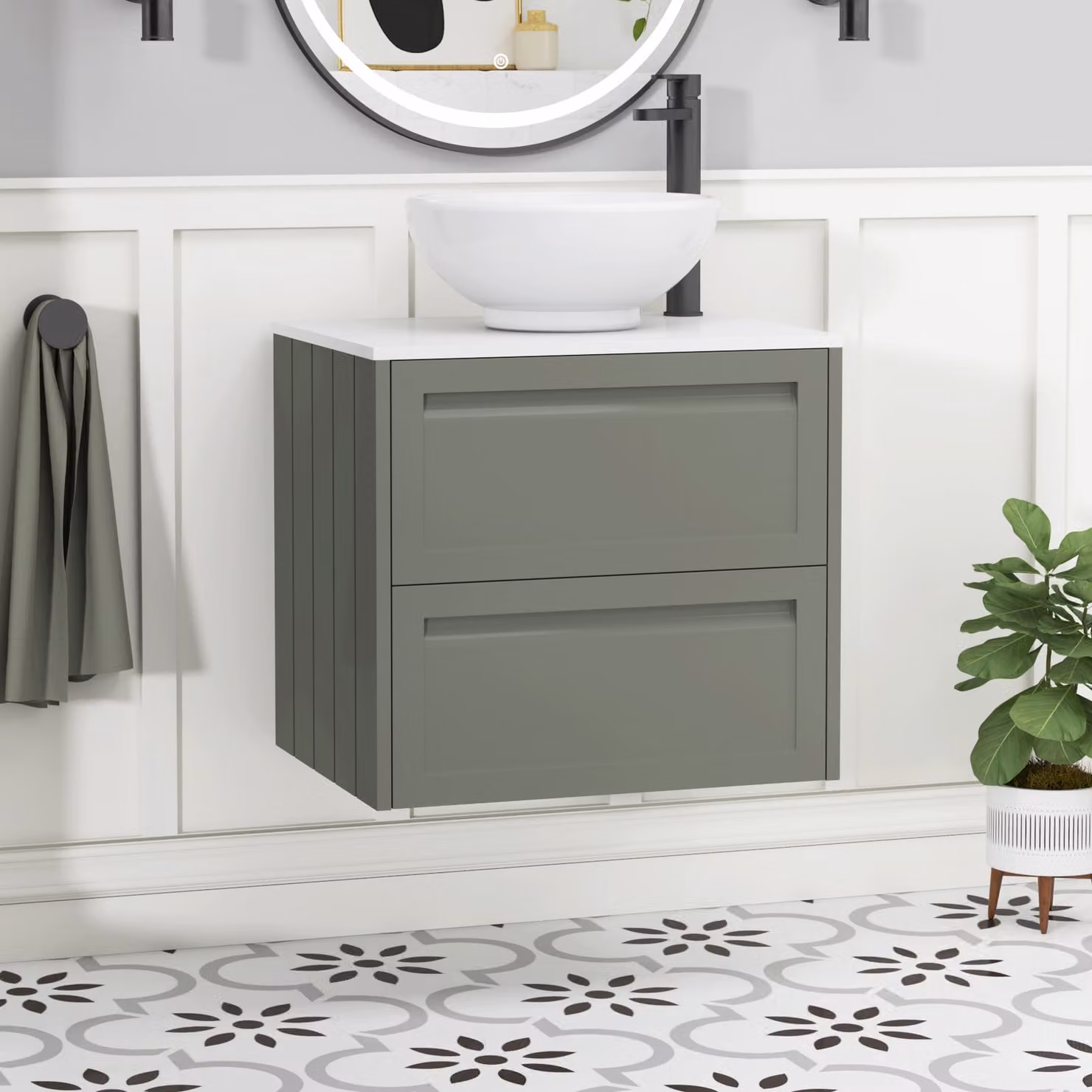Royal Bathrooms Elmore Wall Hung Vanity Unit with Breeze Basin, Matt Green and Plain White Worktop, 600mm