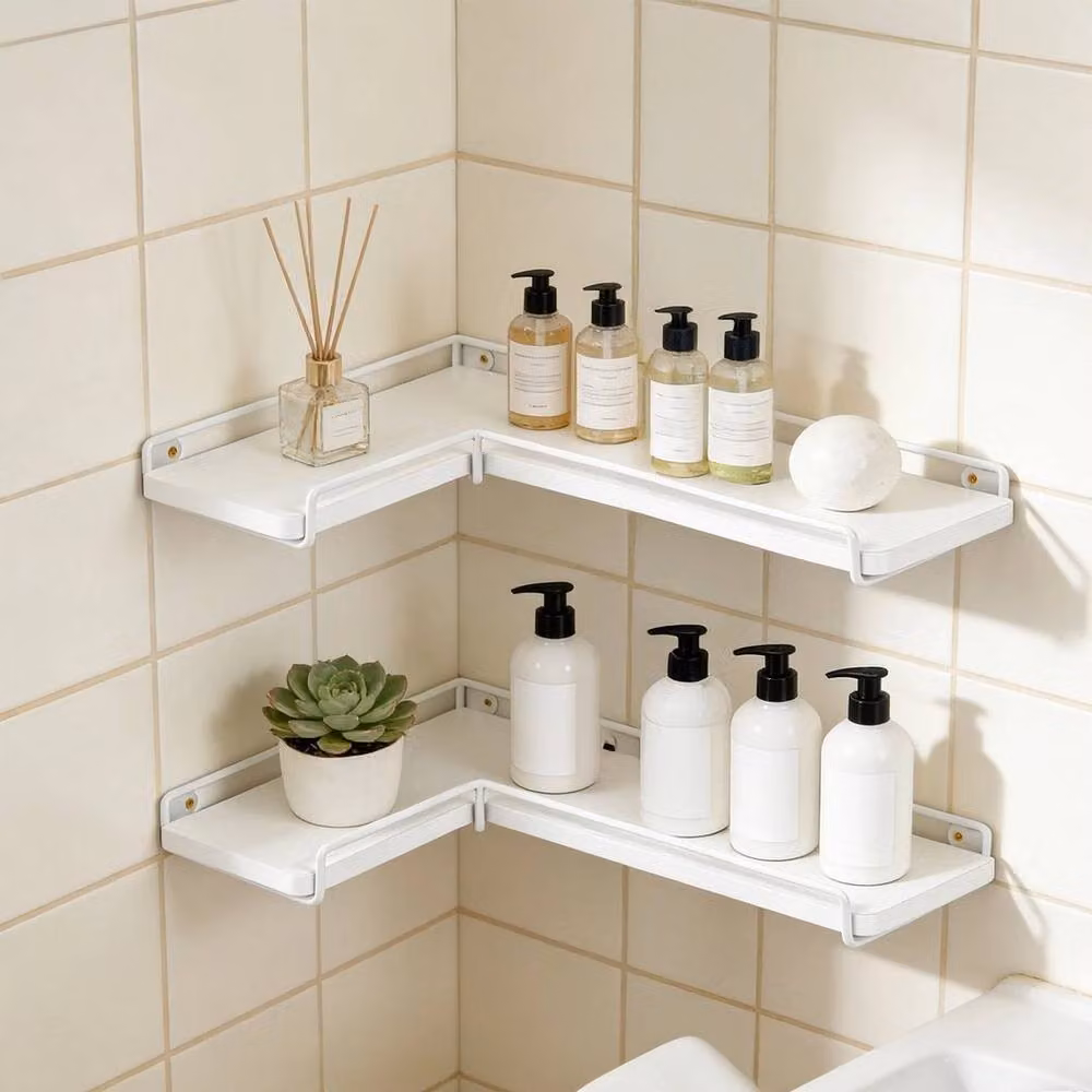 Kelvenix L-Shaped Wall Corner Shelf in White Matt Metal – 2