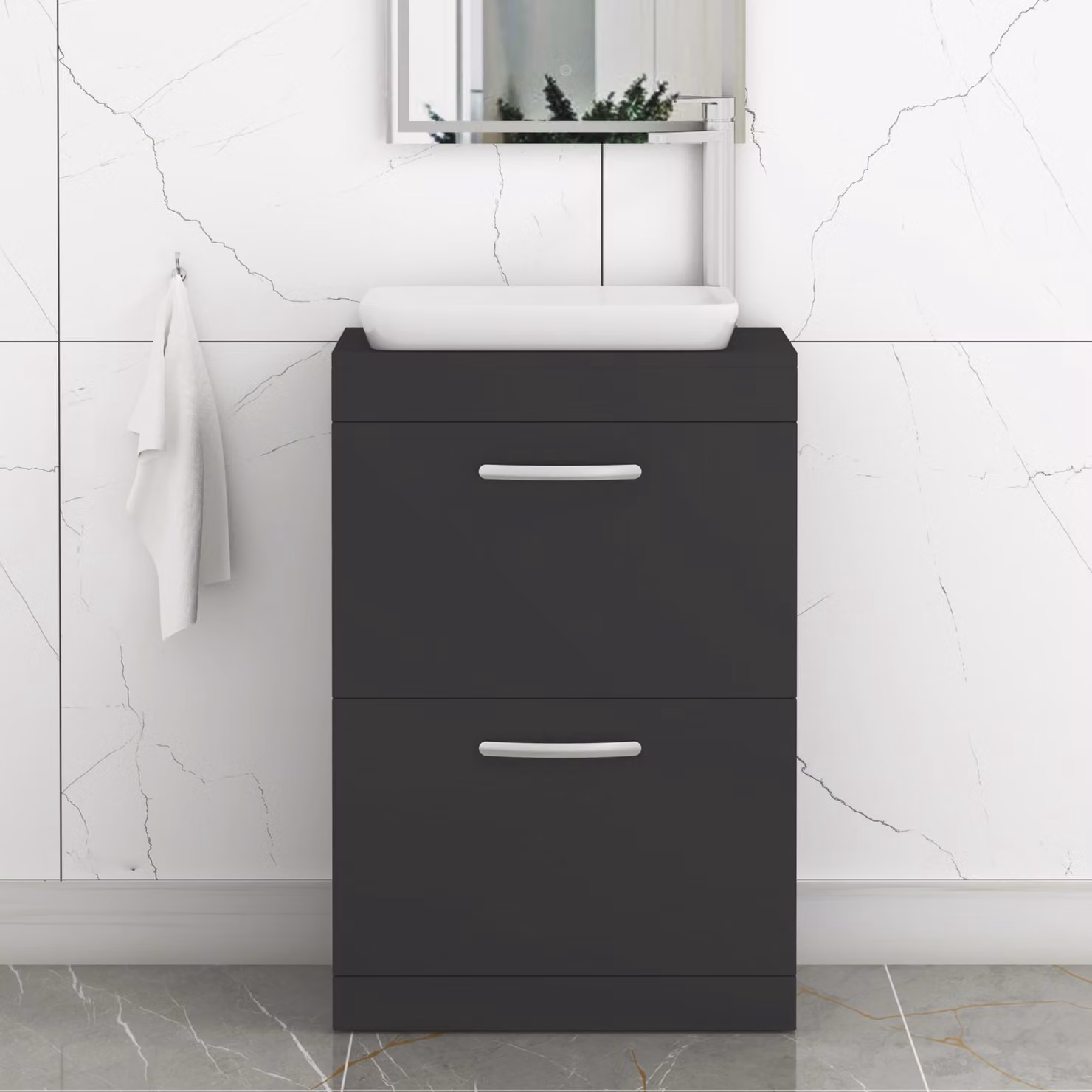 Royal Bathrooms Turin 800mm Floor Standing 2 Drawer Vanity Unit with Countertop Basin in Matt Black