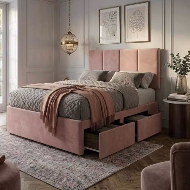 Bed Time UK Plush Divan Bed with Mattress, 20 inch Vertical Headboard and 2 Drawers, Pink, W/D/H: 90 x 190 cm
