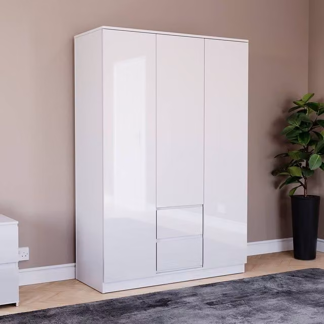 HD Designs Glinton High Gloss 3 Door 2 Drawer Wardrobe in White