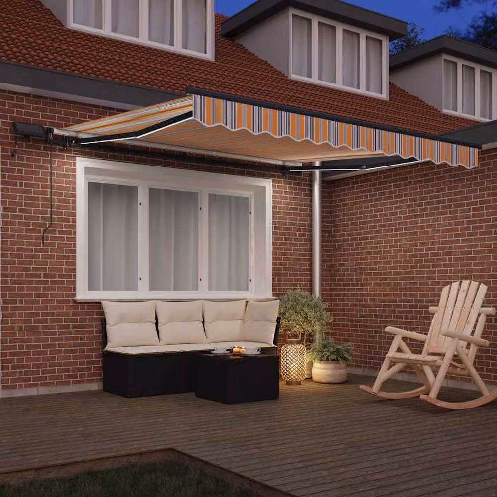 Berkfield Home Manual Retractable Wall-Mounted Polyester Awning with Multicolour LED Striped Fabric, W: 350 cm, D: 250 cm – 3