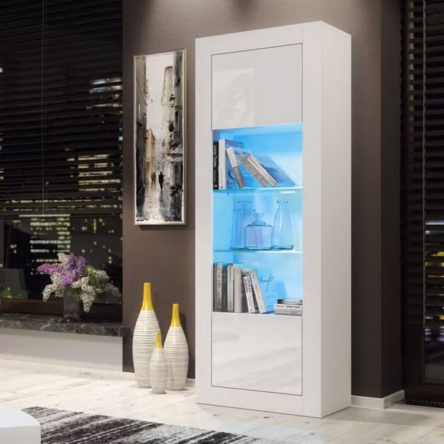 Creative Furniture Illume Modern White Display Cabinet with Glass Doors and Integrated Lighting W/D/H: 170 x 63 x 35 cm