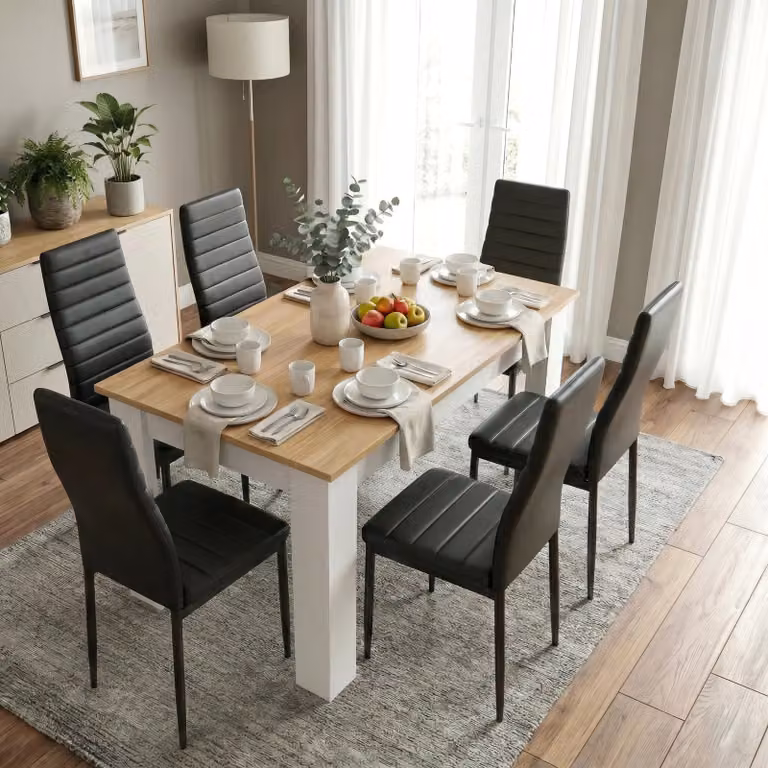 DHS Modern Rectangular Pine Dining Table and 6 Chairs Set in White, Black and Grey, W/D/H: 180 x 80 x 75 cm
