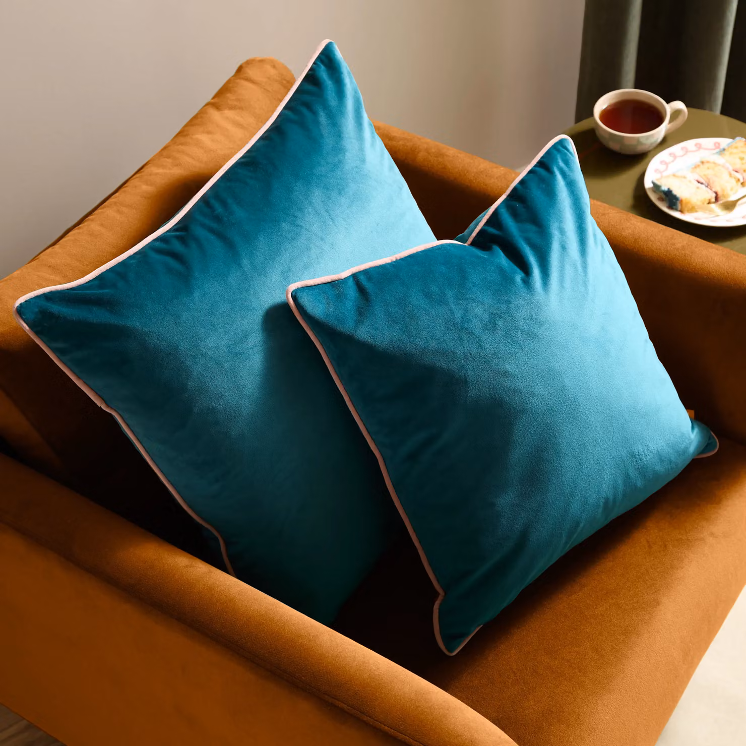 Furn Meridian Velvet Piped Square Cushion in Blue or Pink, W/D/H: 55 x 55 x 55 cm – 6