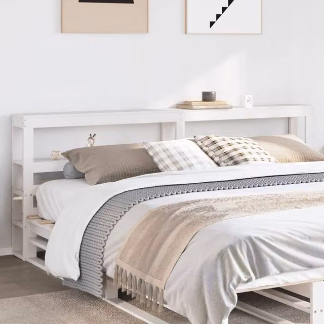 Berkfield Home White Solid Wood Pine Headboard with Integrated Bedside Shelves, 200 cm – 1