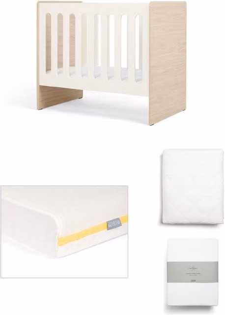 Mamas & Papas Vyne Mini Cot with Essential Airflow Fibre Mattress and Sheets 4 Piece Set - White/Oak