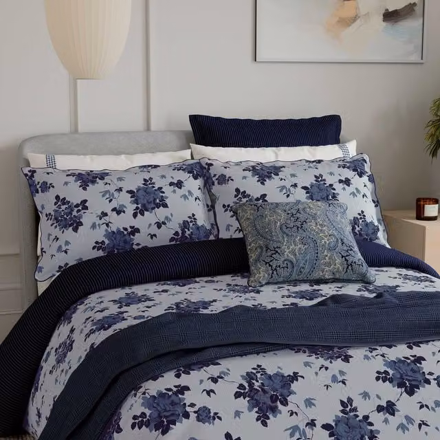 Bedeck of Belfast Freya Double Duvet Cover and Pillowcase Set, Midnight Blue Floral Cotton Lyocell – 1