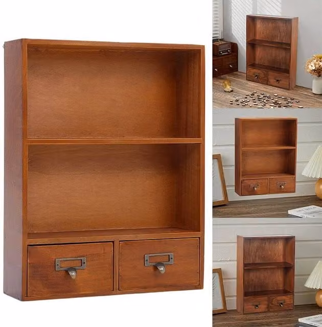 FORGEVIO Vintage Wooden Wall Mounted Cupboard in Brown with Hinged Doors and Internal Shelves