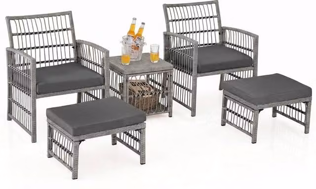 Costway 5-Piece Rattan Patio Conversation Set with Cushions and Ottoman in Grey