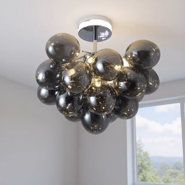 NIVOR 4 Light Sputnik Glass Bubble Pendant Chandelier in Pale Grey with Transparent Spheres and Adjustable Height – 1