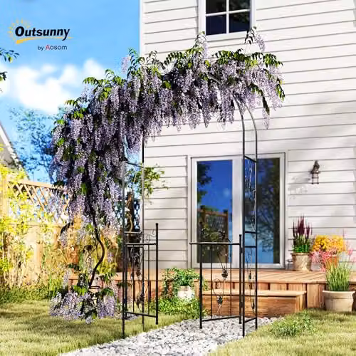 Outsunny Metal Garden Arch with Gate and Trellis, Black, H 217 x W 107 x D 45 cm – 2