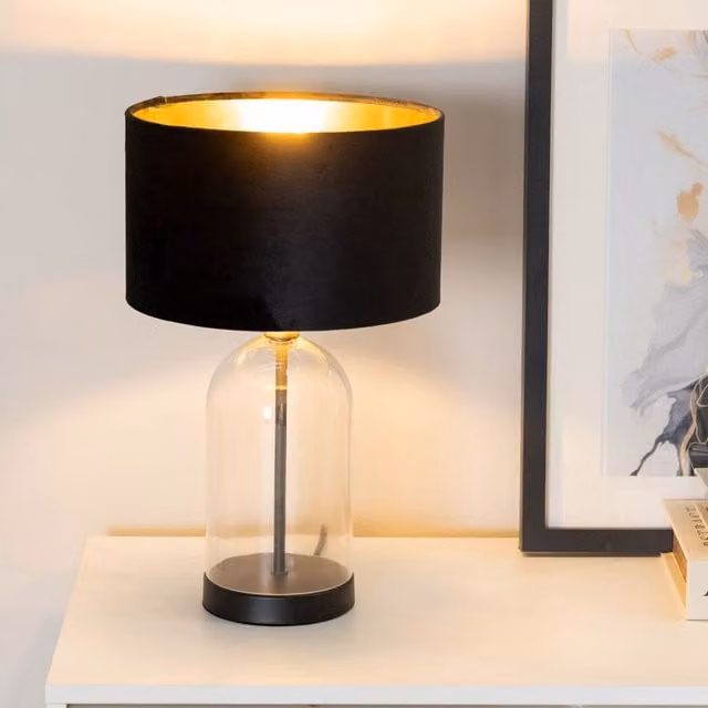 ValueLights Jessy Glass Table Lamp with Black Trim, Black Velvet and Gold Inner Shade – 1