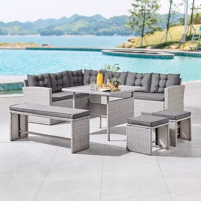 Home Detail Chile Grey Polyrattan Outdoor Garden Furniture Set with Sofa, Table, Bench and 2 Stools