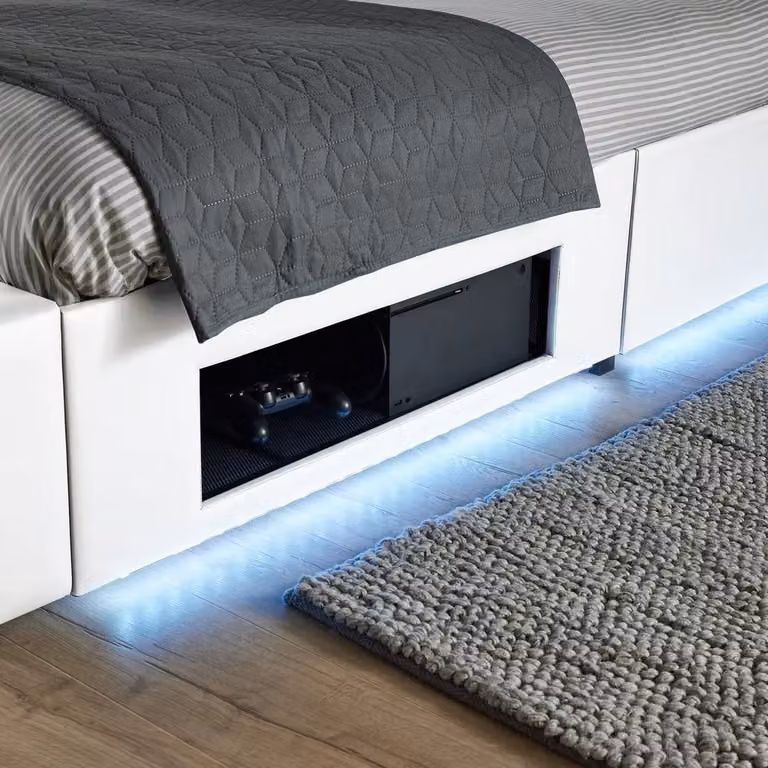 X-Rocker AVA White Upholstered Leather TV Bed with Underbed LED Lighting and Storage, Double Size W/D/H: 143 x 200 x 108 cm
