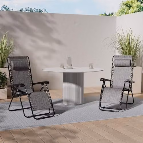 VonHaus Set of 2 Grey Zero Gravity Reclining Sun Loungers with Textilene Fabric and Detachable Head Pillows – 2
