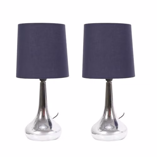 ValueLights Silver Chrome Teardrop Touch Dimmer Table Lamp with Navy Blue Fabric Shade and LED Bulb – 1