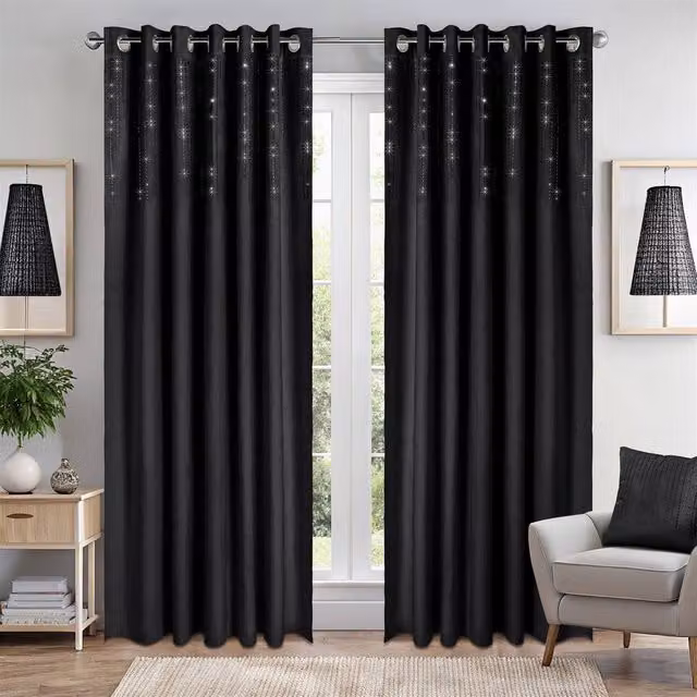 Luxury Living Blackout Velvet Eyelet Curtains in Black, W: 117 cm, H: 137 cm