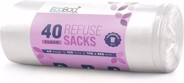 ECOBAG Heavy Duty White Bin Liners, 100L, 40 Pack, W: 73.6 cm, H: 96.5 cm – 1